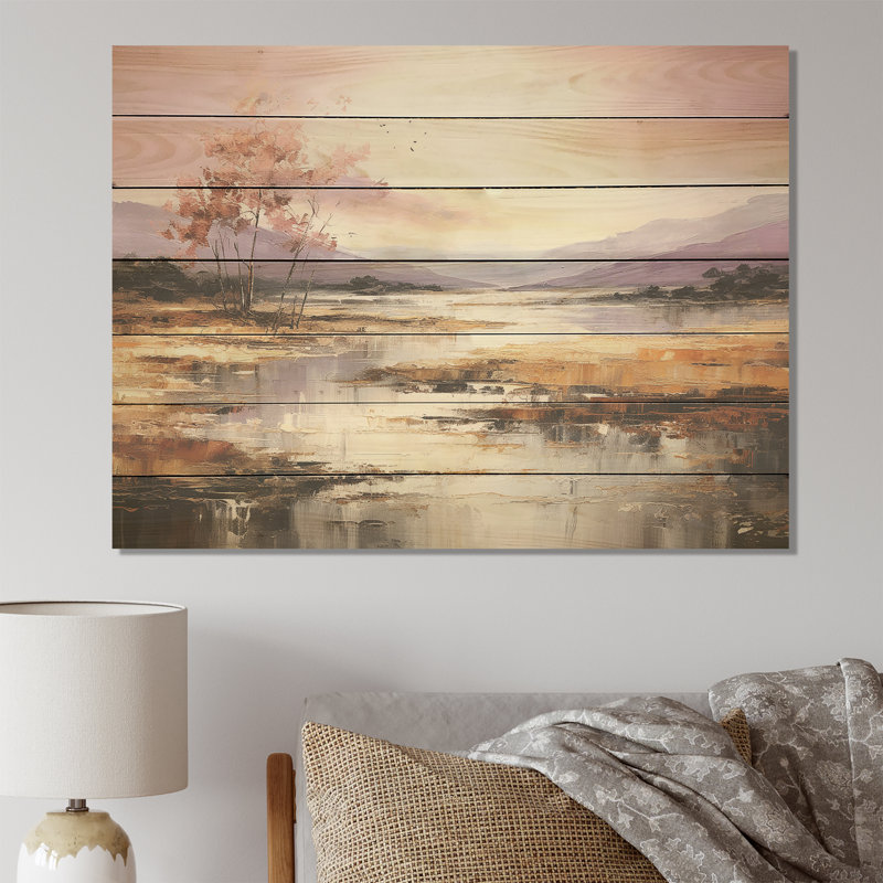 Imprimé mauve et doré lac et montagne I - lac sur bois, H 24 po x l 32 po