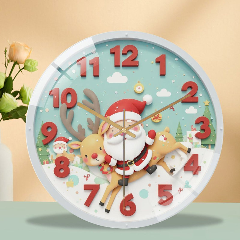 Père Noël-équitation-renne-horloge-cadran - horloge murale moderne en verre de 12 po