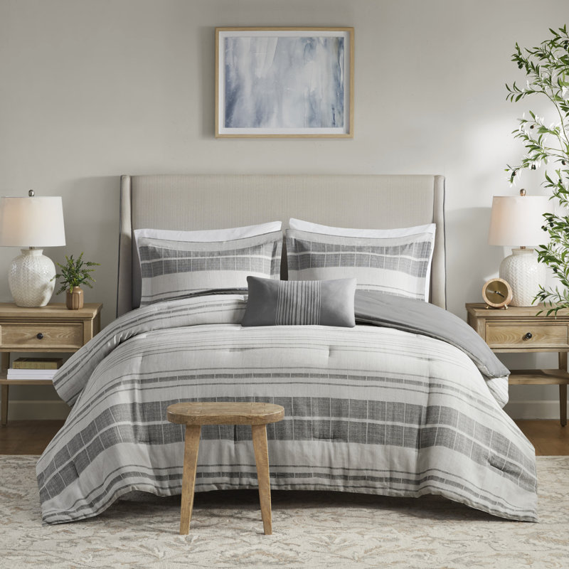 Ensemble d'édredon rayé en mélange de coton avec coussin décoratif Rhodes, Lit double