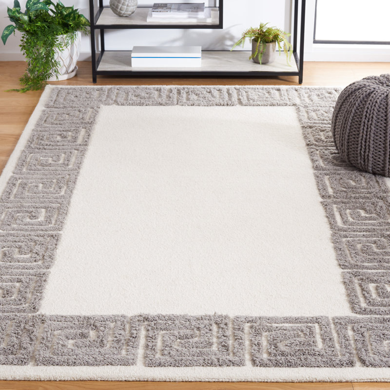 Dontravious Hand Tufted Wool/Cotton Geometric Rug in Gray/Ivory, Rectangle 6' x 9'