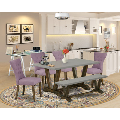 Ensemble de table de cuisine 6 pièces comprenant une table à manger rectangulaire à pattes en V et 4 chaises Parson en tissu lin Dahlia avec banc, multicolore