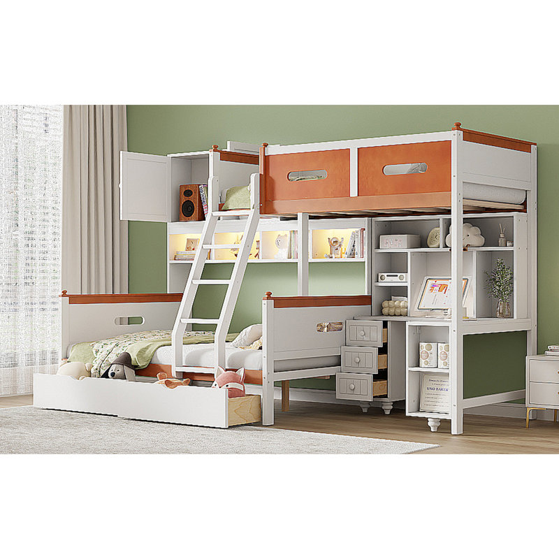 Lit superposé en bois avec bureau, tiroirs, tablettes et armoire, lumière DEL