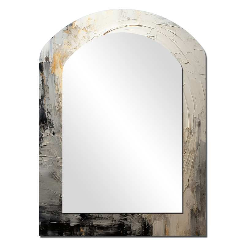 Mouvement méditatif gris et beige I - grand miroir en arc en spirale abstraite, miroir mural décoratif asymétrique moderne, impression d'art en métal