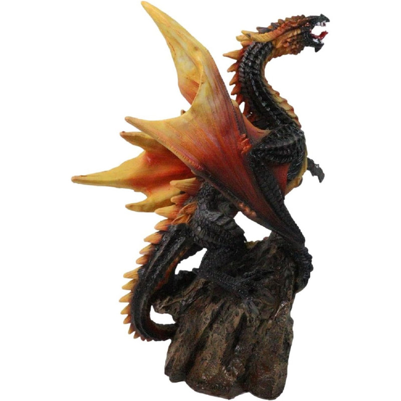 Figurine de volcan en pierre avec des ailes de feu et des pointes sur un volcan