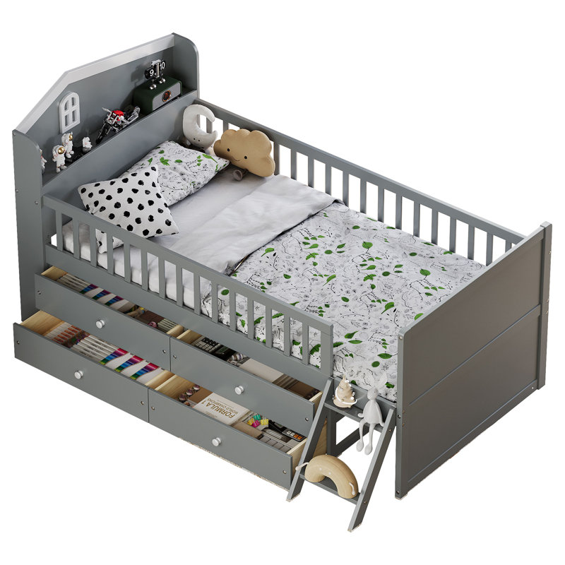 Structure de lit avec tiroirs de rangement, lit en bois avec tête de lit et garde-corps, Gris