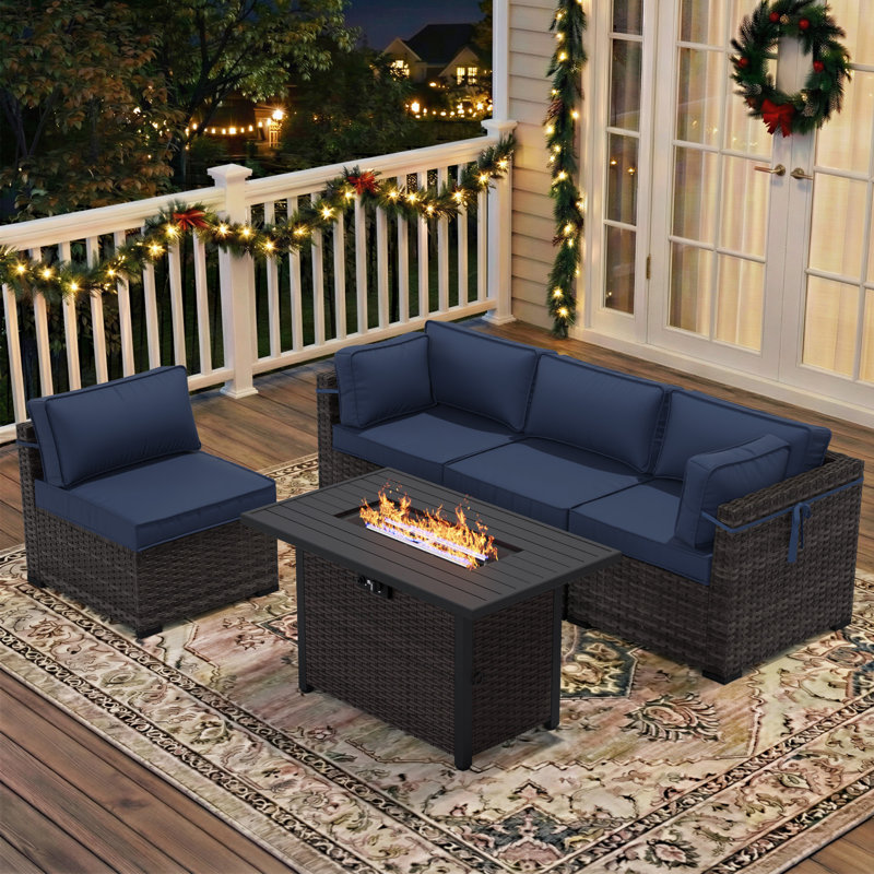 4-person all-weather rattan modular outdoor lounge set with thick cushions and built-in fire pit table, Blue, Brown
