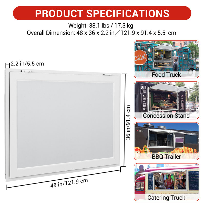 Concession Window Aluminum Alloy Food Truck Service Window, Concession Stand Serving Window Door with Double-Point Fork Lock, Concession Awning Door Up to 85Degrees for Food Trucks, Glass Not Included