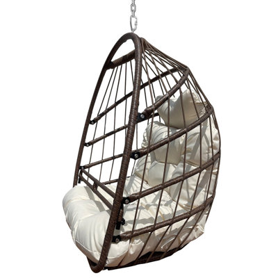 Hanging Egg Swing Chair, Indoor Outdoor Resin Wicker Hammock Chair with Removable Guardrail, Cup Holder & UV‑Resistant Thick Cushion, Foldable 350 Lbs Capacity Lounge Chair