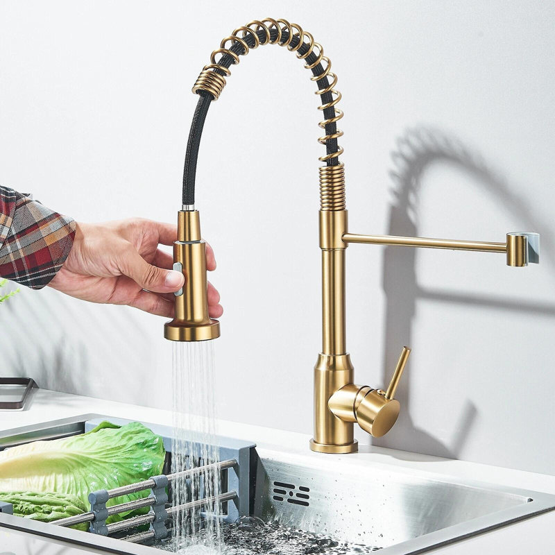 Robinet de cuisine en or brossé avec douchette rétractable à poignée simple et robinet de cuisine à un trou pour évier extérieur
