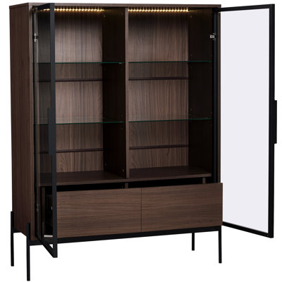 51.2'' Freestanding Display Cabinet, Pantry With 2 Storage Drawers And Glass Doors, Curio Cabinet With 4-Tier Adjustable Shelves And LED Light, For Living Room, Kitchen, Office - Walnut, Cabinet
