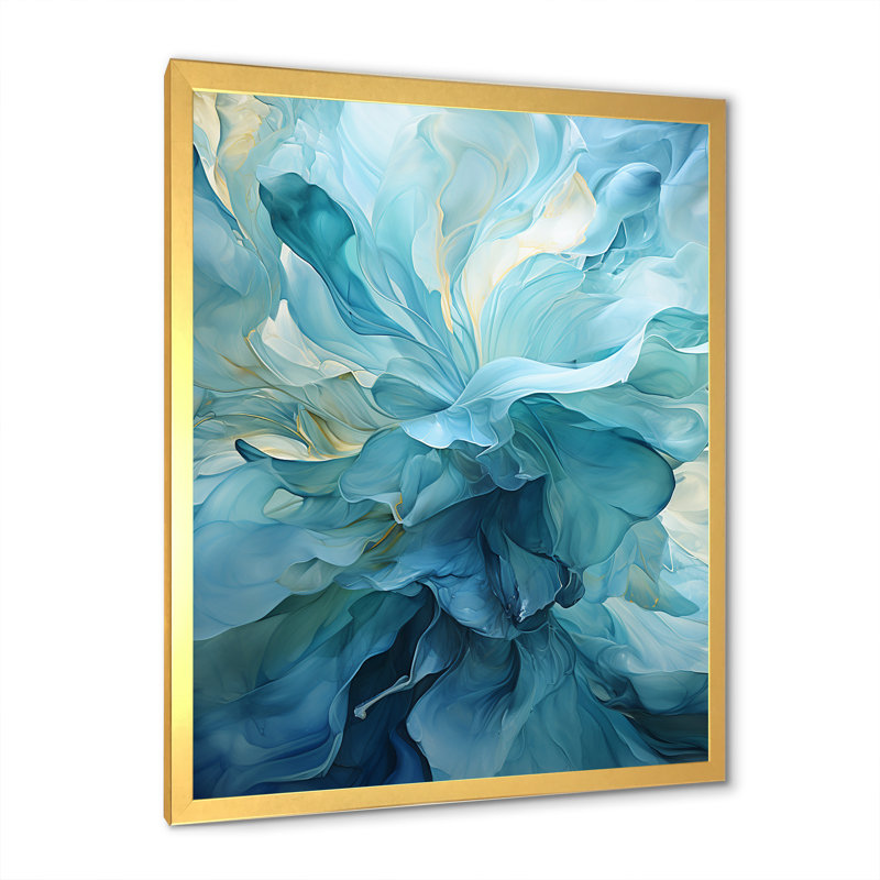 Aqua Blue and White Abstract Canvas Print with Gold Frame