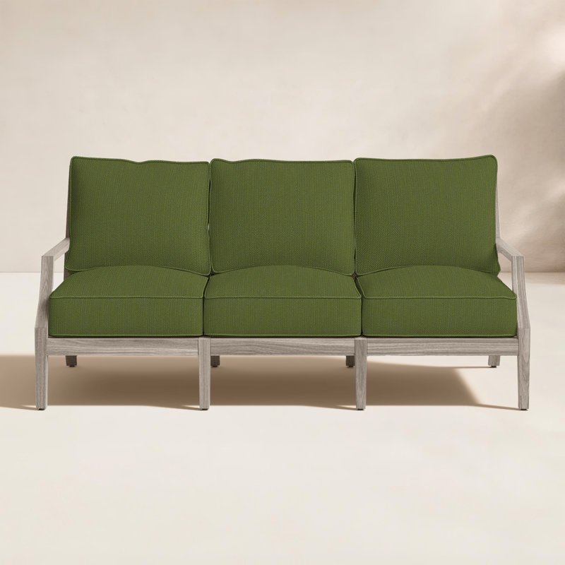 Haley Teak Patio Sofa with Cushions, Welt + Standard fill, Oyster Teak, Linen Forest