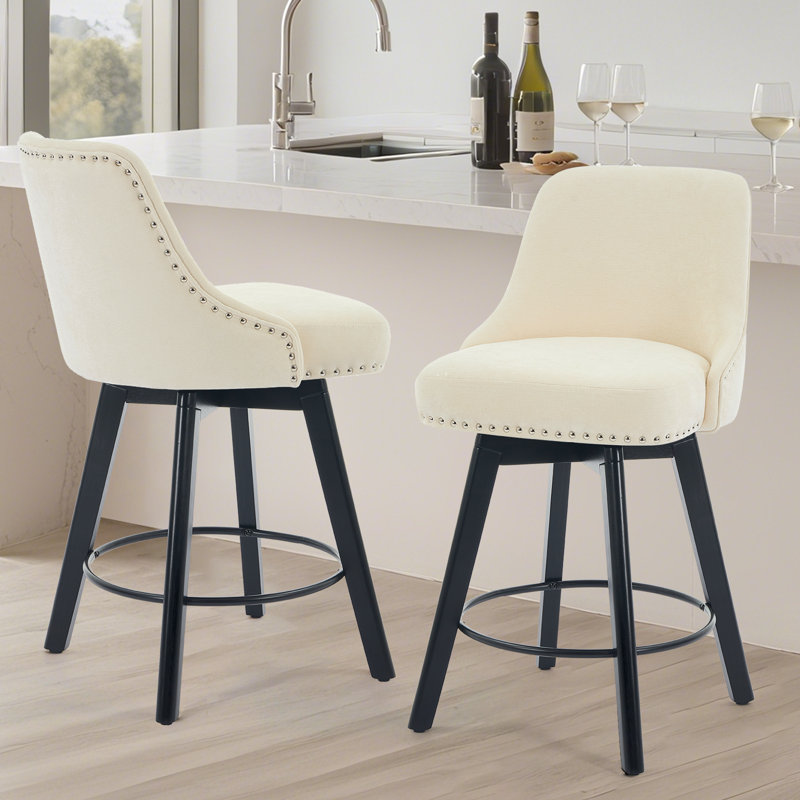 Swivel Upholstered 26''Counter Stool And Bar Stools With Full Back And Solid Wood Frame, Beige Seat/Black Frame