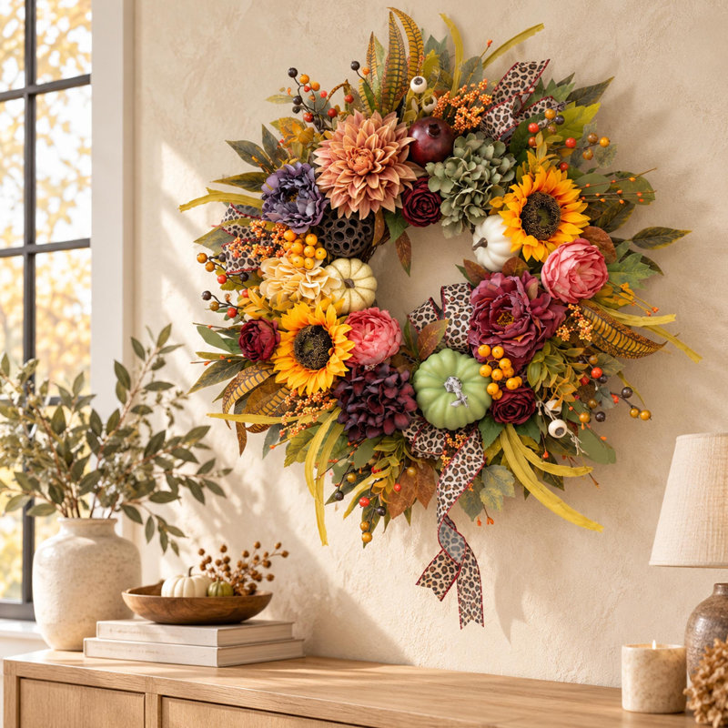 Couronne d'automne de 61 cm (24 pouces) avec citrouille et tournesol pour la porte d'entrée