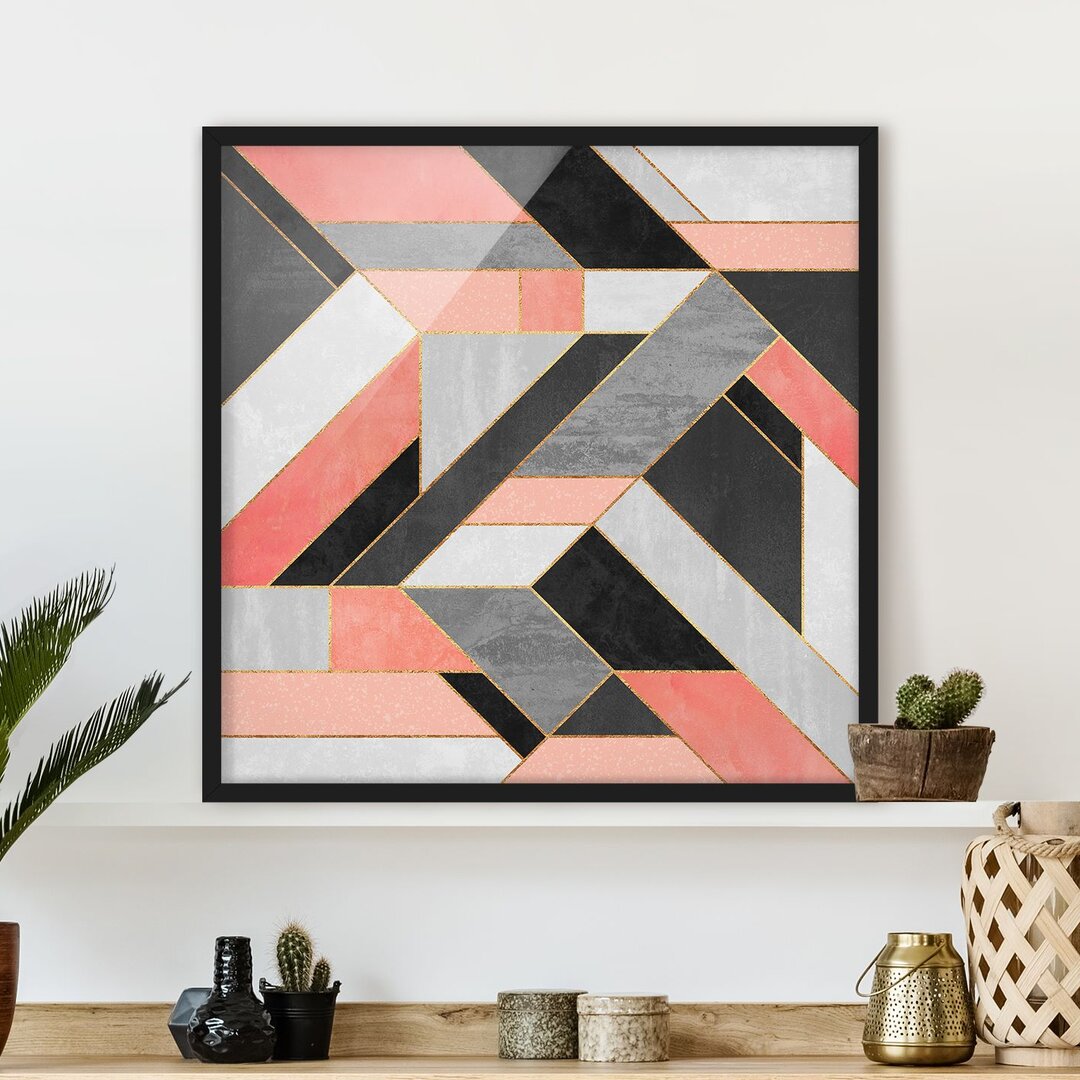 Gerahmtes Poster Geometry in Rosa/Gold