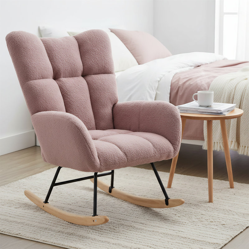 Chaise berçante en tissu doux et moelleux avec dossier à oreilles confortable et base en bois massif sécuritaire, Rose