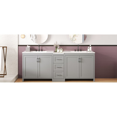 84 - Inch Double Sink Vanity With 2 Ceramic Sinks, Quartz Counter, Customizable Storage Space, 3 Drawers And Silver Metal Handles For Stylish Bathroom 84" Of Color Surface, Basins, Adjustable