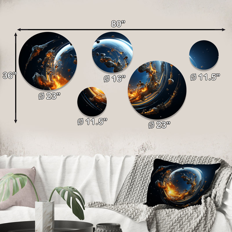 Planète Moléculaire jaune et noir - ensemble d'art mural rond de 5 planètes spatiales