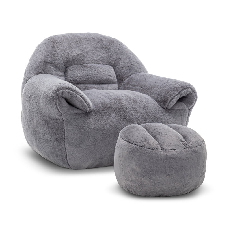 Compression 42.5" WVelvet Adult Bean Bag Chair Storage Armrest With Ottoman, Gray Velvet, Yes