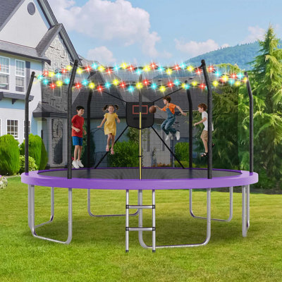 Trampoline 14 pi avec lumières DEL et panier de basketball, durable et sécuritaire pour le plaisir en famille