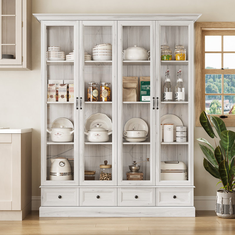78'' Tall Display Cabinet With 4 Drawers And Adjustable Shelves, Antique White