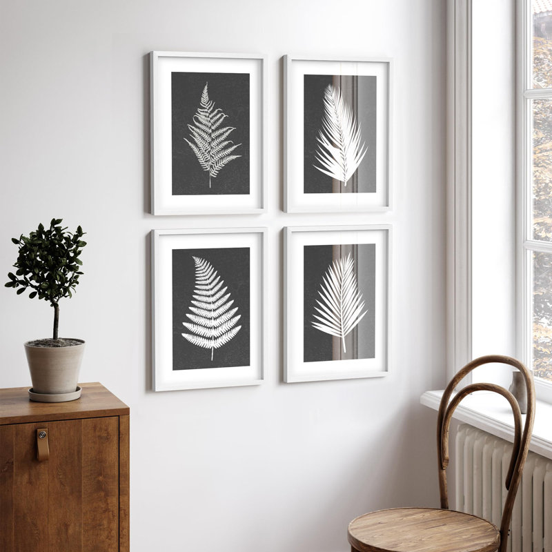 "Silhouettes botaniques blanches, fougère et feuilles de palmier, décor moderne" - 4 pièces, Blanc, H 14 po x l 11 po