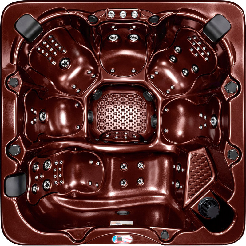 American Spas 6-Person 100-Jet Premium Lounger Spa Standard Hot Tub With Sound System And LED Waterfall, White, Dark Cherry