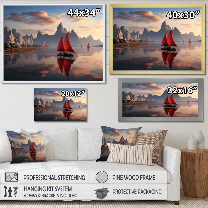 Voilier rouge naviguant dans un coucher de soleil arctique sur toile, Cadre simple argenté, H 16 po x l 32 po x P 1 po