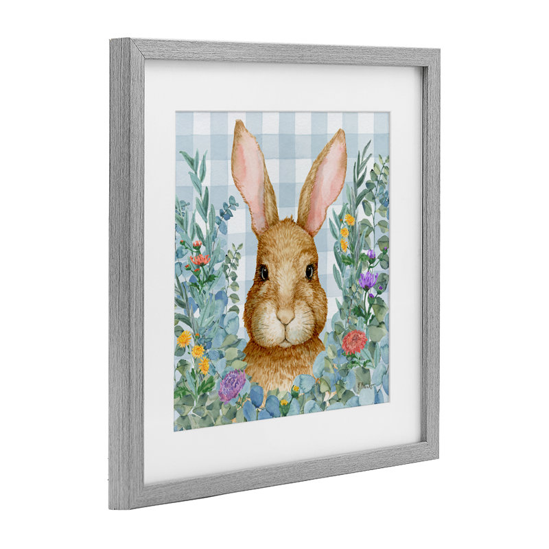 «Rabbit Laurel on Gingham», reproduction sous verre encadrée, design par Paul Brent, Cadre de ferme gris, H 13 po x l 13 po