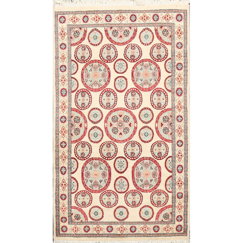 Tapis beige en laine noué à la main de conception unique 3 pi 1 po x 5 pi 2 po