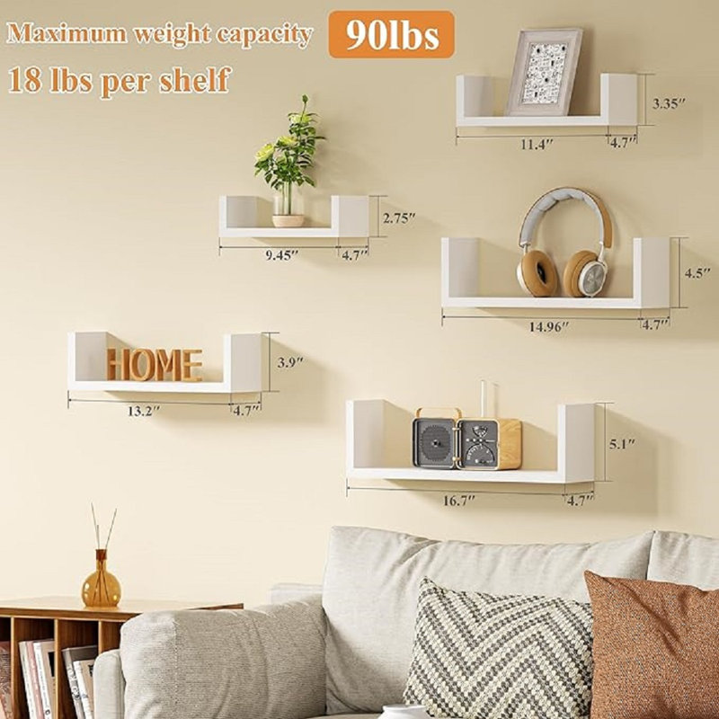 Floating Shelves For Wall, Wall Shelves For Bathroom, Bedroom, Living Room, Kitchen, Office, Wood Shelves For Wall Decor Set Of 5 (Washed White)
