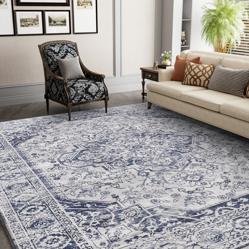Zehorit Machine Washable Vintage Area Rug in Blue/Beige/White for Living Room, Hallway Runner, Entryway Rug