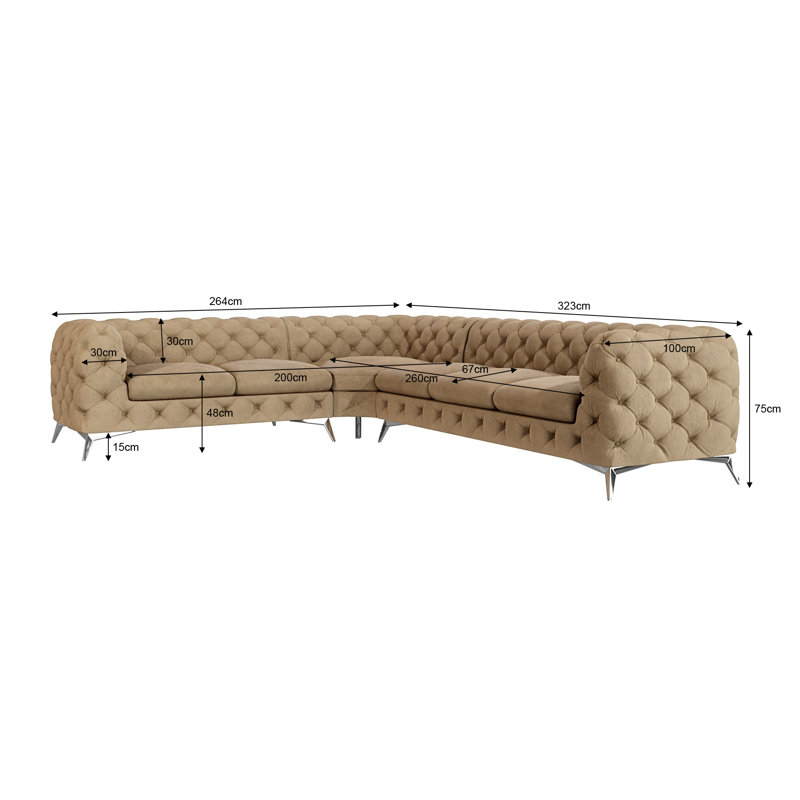 Chesterfield Corner Sofa L-Shape Bixby with Silver Metal Legs, Right Hand Facing, Beige