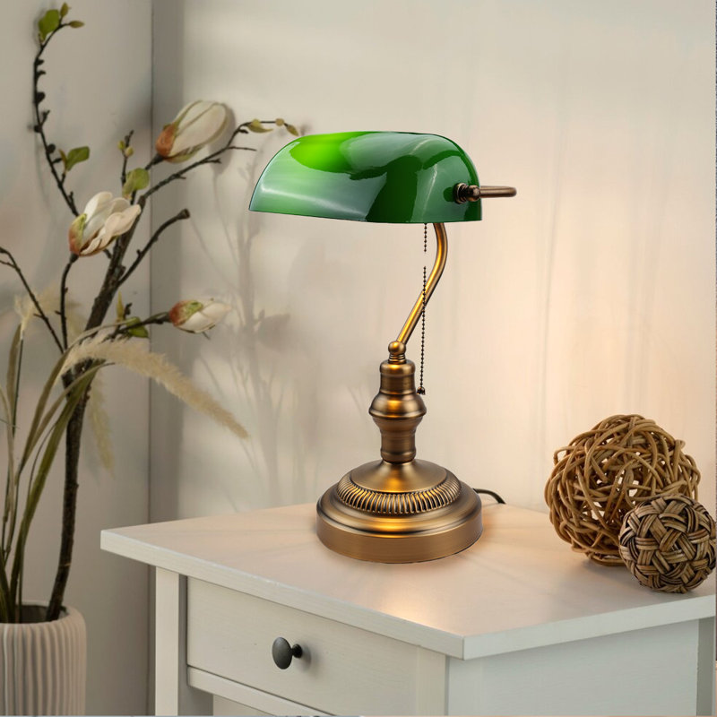 Kandace Antique Vintage Bronze Sleek Green Glass Shade Bankers Table Lamp With Pull Switch For Living Room, Green