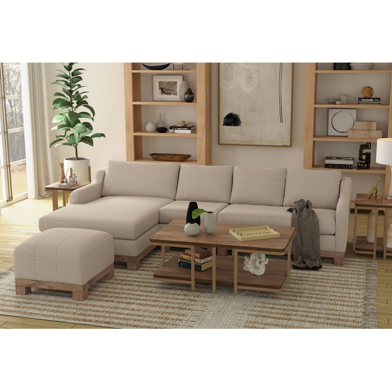 Structure et base en bois Samba, repose-pieds carré rembourré, Polyester beige