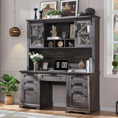 Hirth 60"W Farmhouse Desk With Hutch, Wood Executive Desk With Sliding Barn Doors, 2 Storage Cabinet