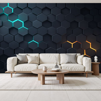 Peel and Stick Wallpaper Futuristic Hexagonal Neon Blue Orange Glowing Accents Dark Wall Murals 69"H x 96"W Removable PVC Wall Paper Self-Adhesive Wall Decor for Bedroom Living Room Home Office