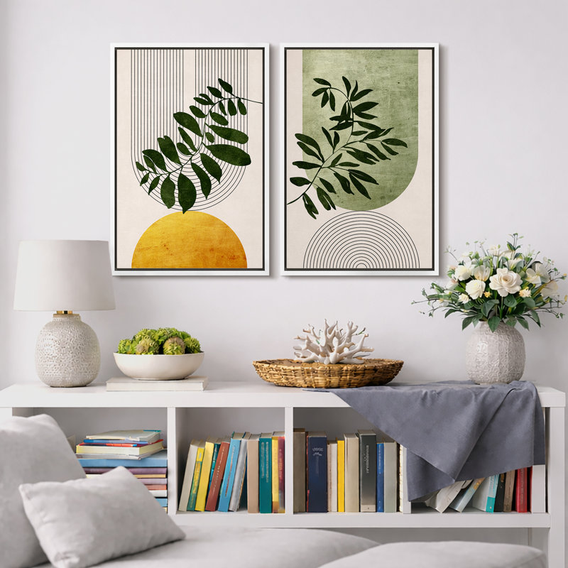 Boho de style Mid-Century moderne, "Bold Bright Yellow & Green Leaves, H 24 po x l 32 po, Cadre flottant blanc