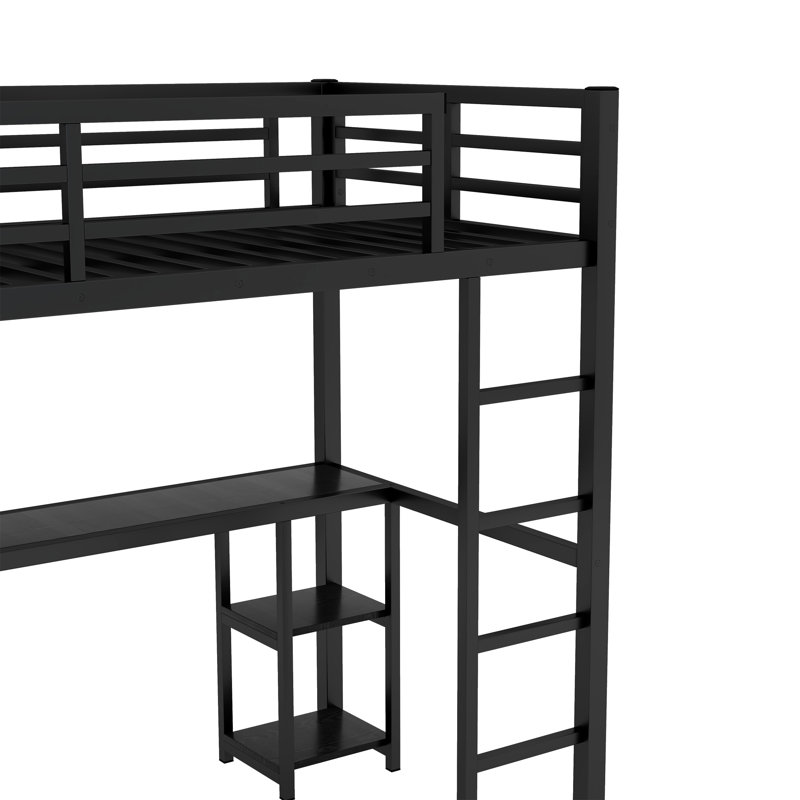 Twin XL Size Loft Bed Frame With Built-In Wardrobe, Metal Loft Bed With Desk And Storage Shelves, Black, Twin