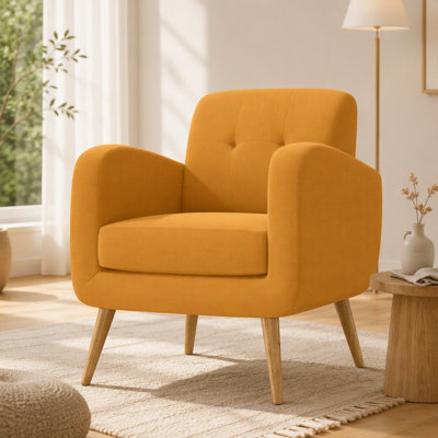Chaise d'appoint en lin jaune avec pieds en bois massif naturel