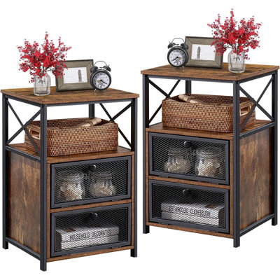 Ensemble de 2 tables de chevet, table de bout avec tiroir rabattable, table de chevet moderne pour le salon de la chambre à coucher, bureau, assemblage facile, 2 pièces, brun
