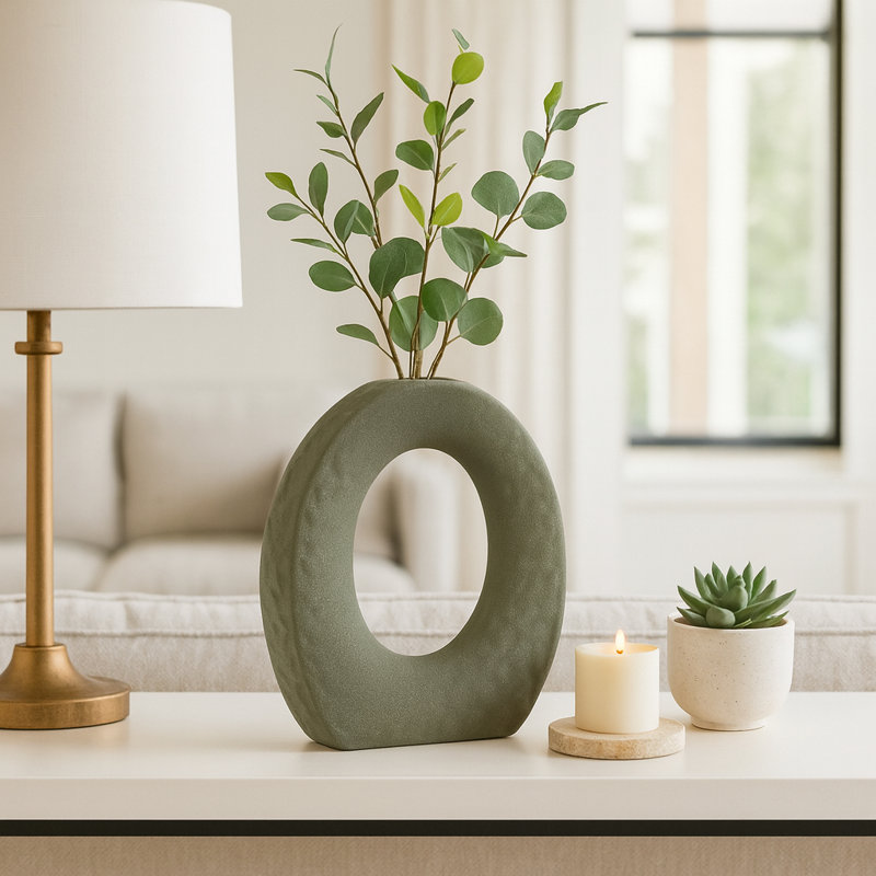 Sculptural Ceramic Textured Table Vase for Home Decor - Modern Open Cutout Flower Vase for Shelf and Living Room Accent  - Green