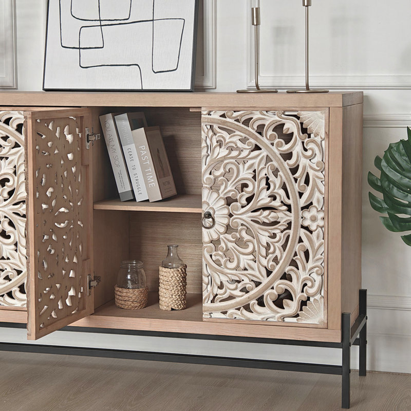 Buffet élégant 4 portes en bois, armoire de rangement rétro en bois sculpté 4 portes avec base en métal