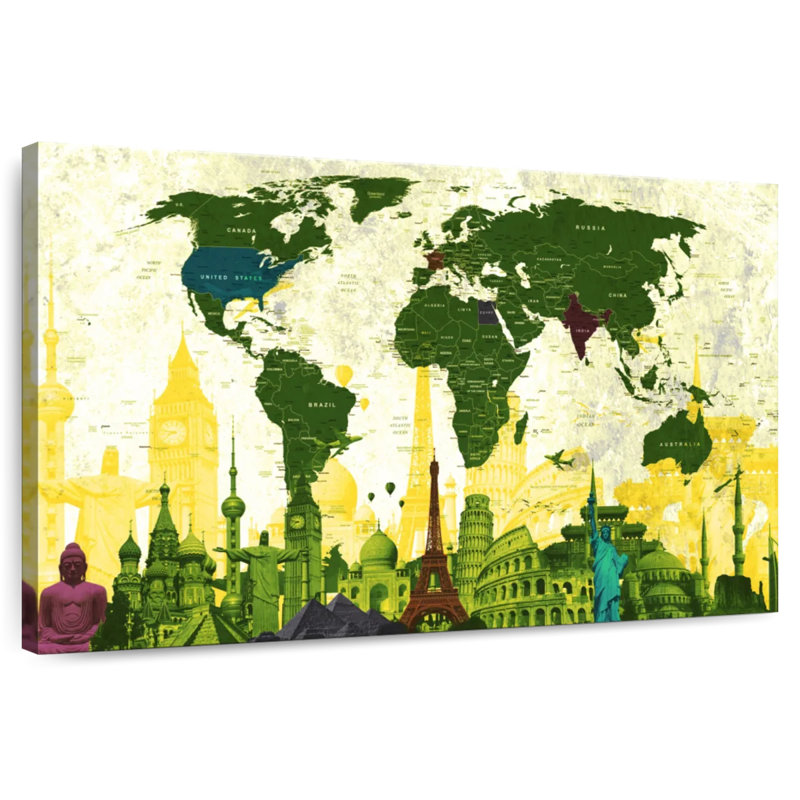 Aliaz Country Landmarks World Map, 30" H x 45" W