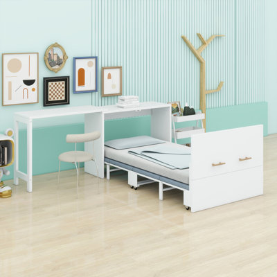 Murphy Cabinet Bed With Adjustable Position Desk, Murphy Chest Dresser Bed With Foldable Cushion For Guest Room