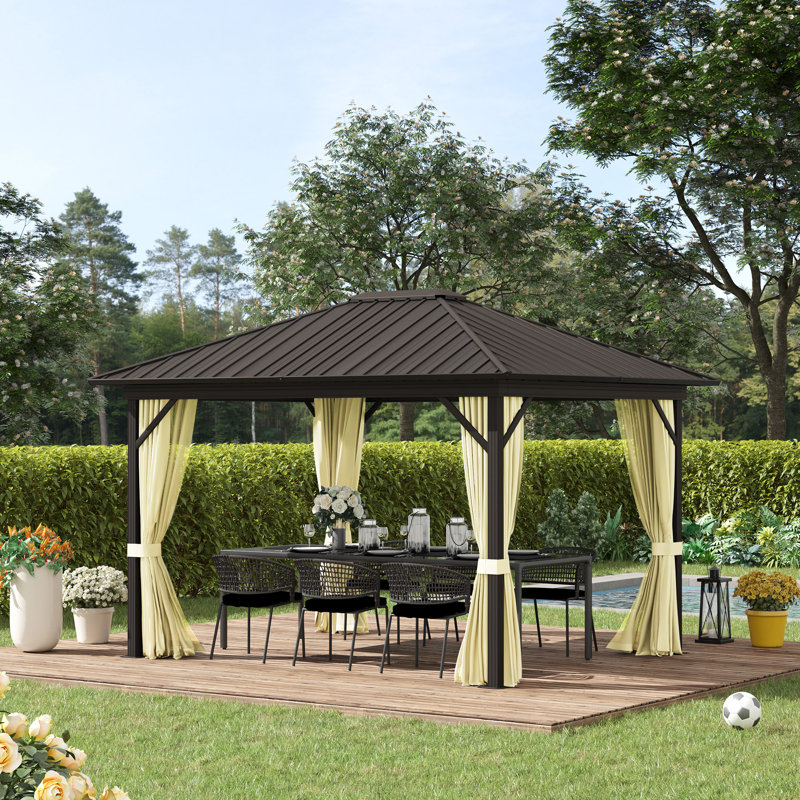 Cream White Metal Hardtop Gazebo with Curtains and Netting