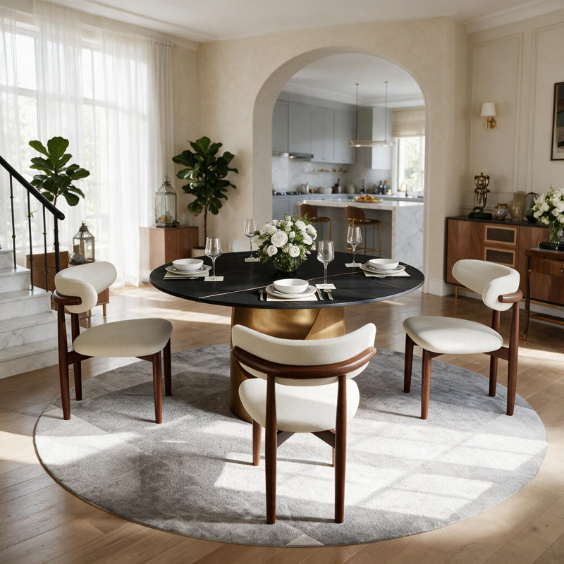Table de salle à manger moderne en pierre frittée moderne avec base piédestal, H 29,5 po x L 47 po x l 47 po, Noir, Bronze