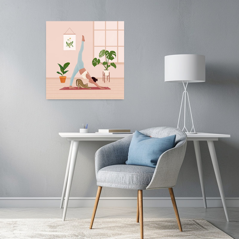 «Yoga with my cat», art mural moderne, 24" H x 24" W