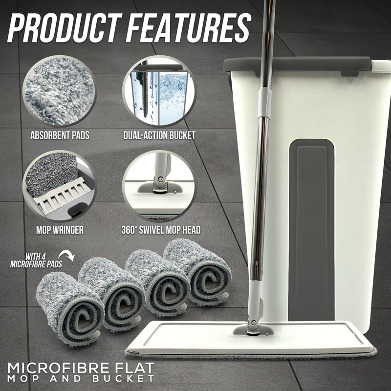 Flat Mop Bucket Set Head 4x Replacement Pads Microfibre Floor Kitchen Cleaning