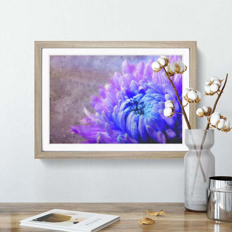Lilac & Blue Chrysanthemum - Picture Frame Graphic Art Print, Oak Framed, 62cm H x 87cm W x 2cm D